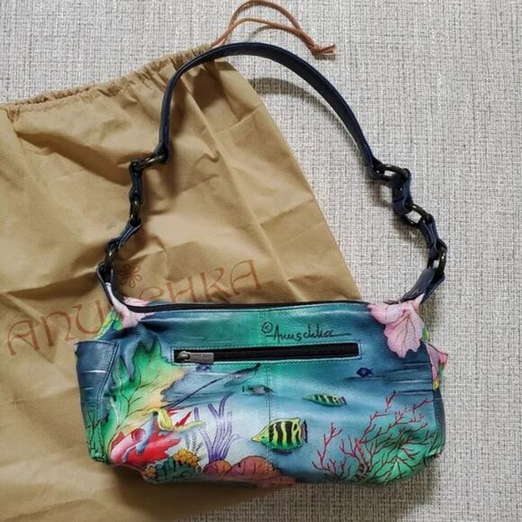 Anuschka Sea Life sea turtle fish hand painted leather shoulder bag Purse new - Picture 4 of 16